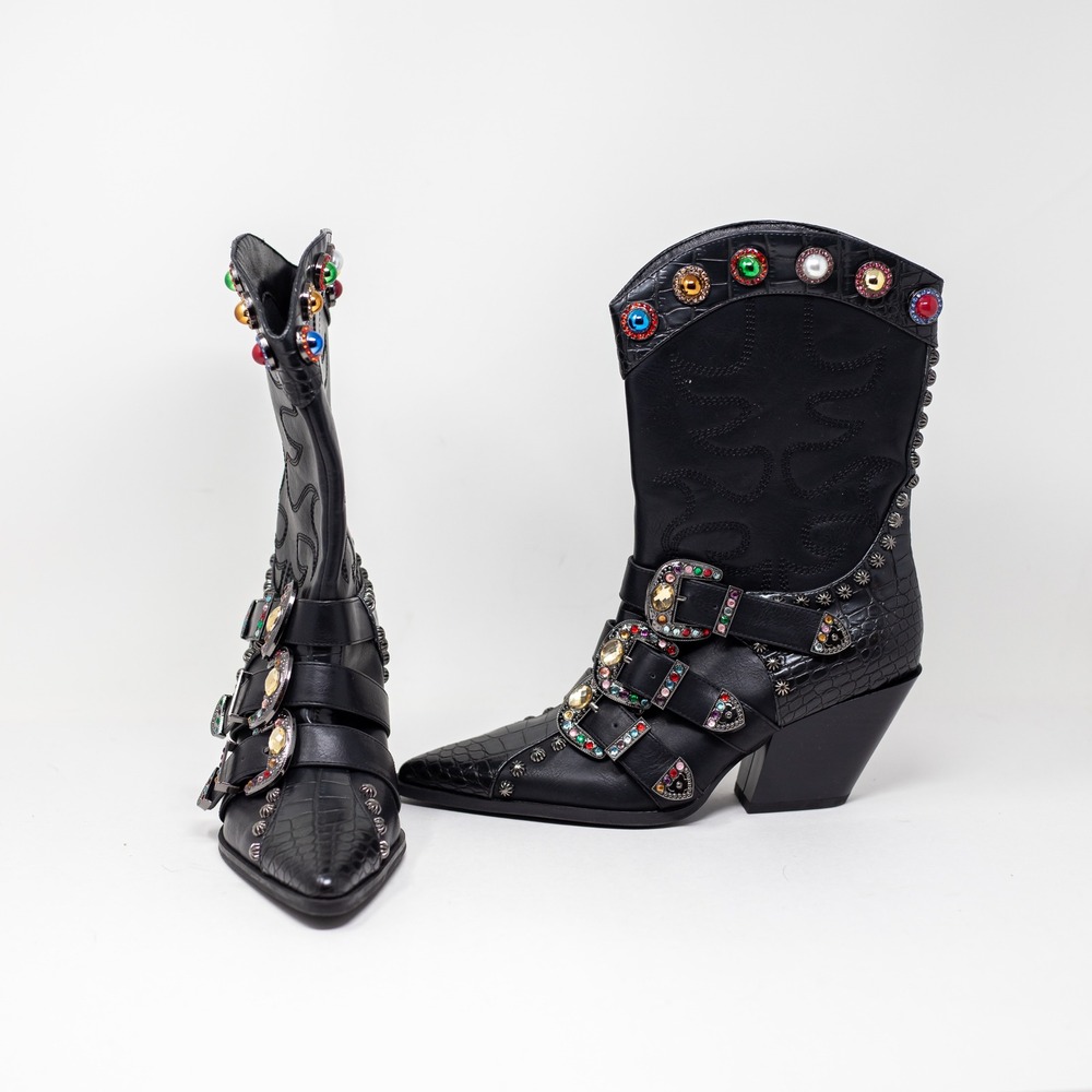NEW Azalea Wang Willowe Western Crystal Rhinestone Jewel Booties Shoes Black 7